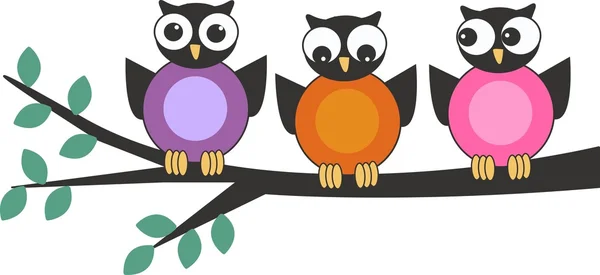 Three owls sitting on a branch — Stock Vector