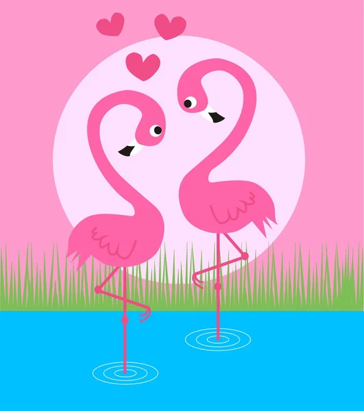 两个可爱的粉红色的火烈鸟在爱中 — 图库矢量图片