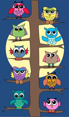 Lot of colorful owls in a tree clipart