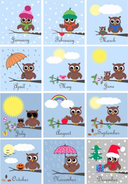 Twelve months with cute owls clipart