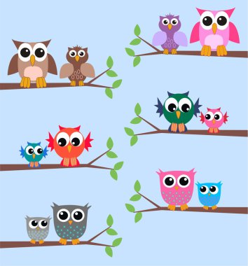 Colorful owls branch clipart