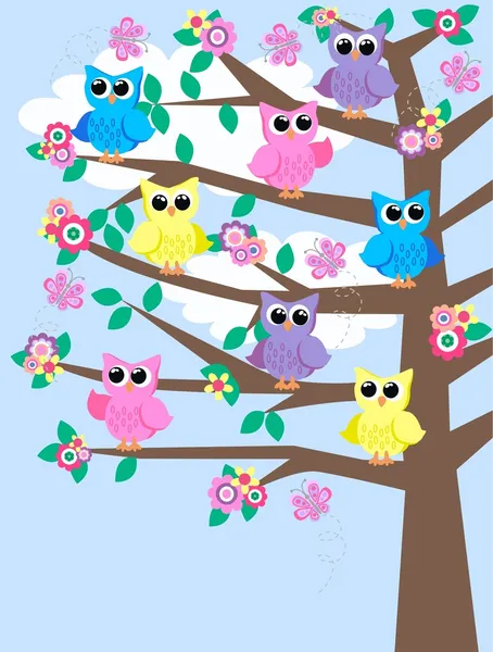Veel van uilen in een boom — Stockvector