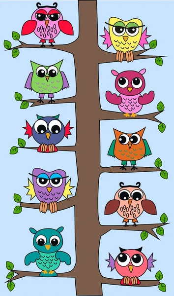 Veel van uilen zitten in een boom — Stockvector