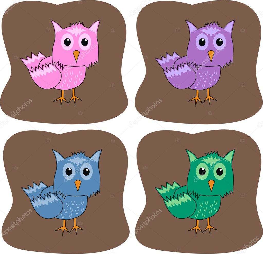 Four colorful owls