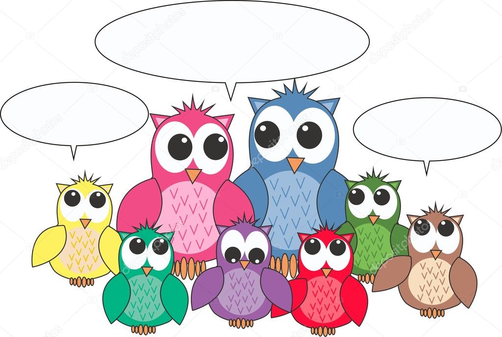 A group of owls with speech bubbles