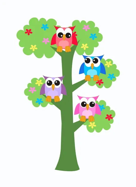 Hiboux colorés dans un arbre — Image vectorielle