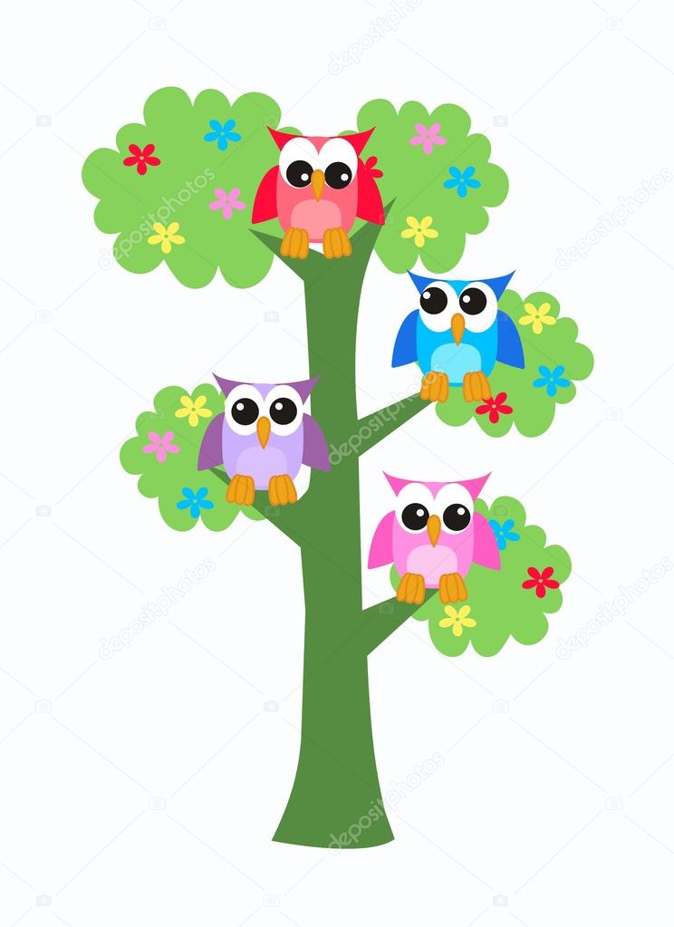 Colorful owls in a tree