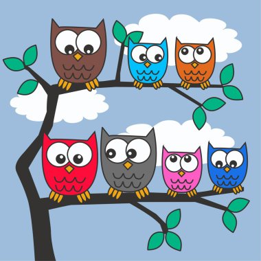 Colorful owls tree branch clipart