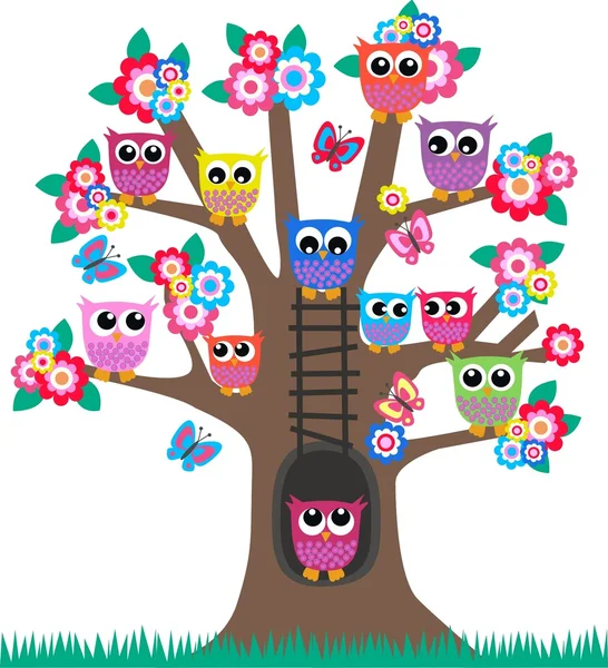 很多的猫头鹰在一棵树 — 图库矢量图片#