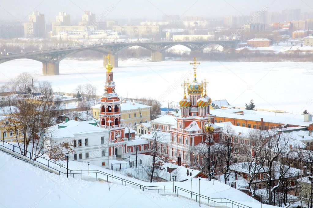 Stroganov Church on city background. Nizhny Novgorod, Russia.