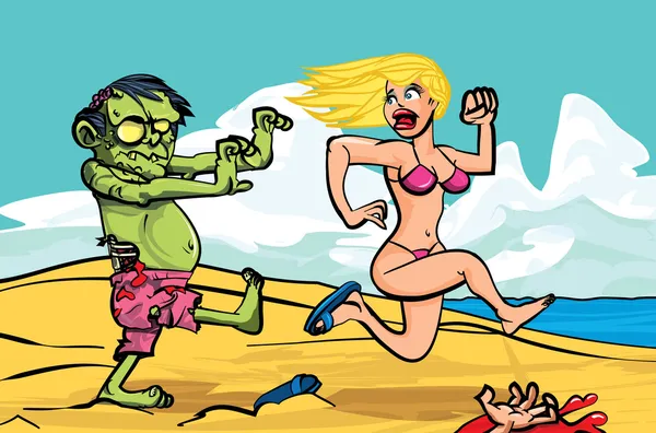 Мультяшний зомбі переслідує дівчину бікіні на пляжі — стоковий вектор