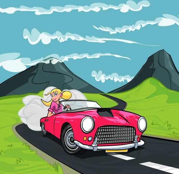 Kartun gadis pirang mengendarai mobil sport - Stok Vektor
