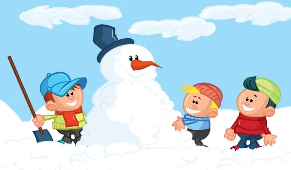 Κινούμενα σχέδια παιδιά με χιονάνθρωπος — 图库矢量图片