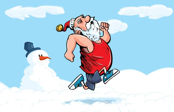 Cartoon-Weihnachtsmann läuft für Bewegung im Schnee — Stockvektor