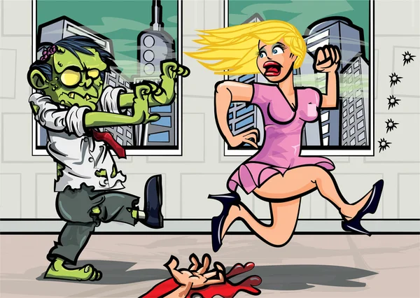 Dibujos animados zombie oficinista persiguiendo a una chica — Vector de stock