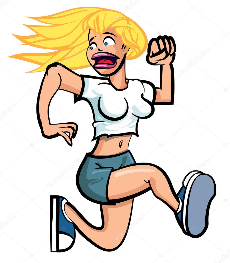 Cartoon of a young woman running in fear