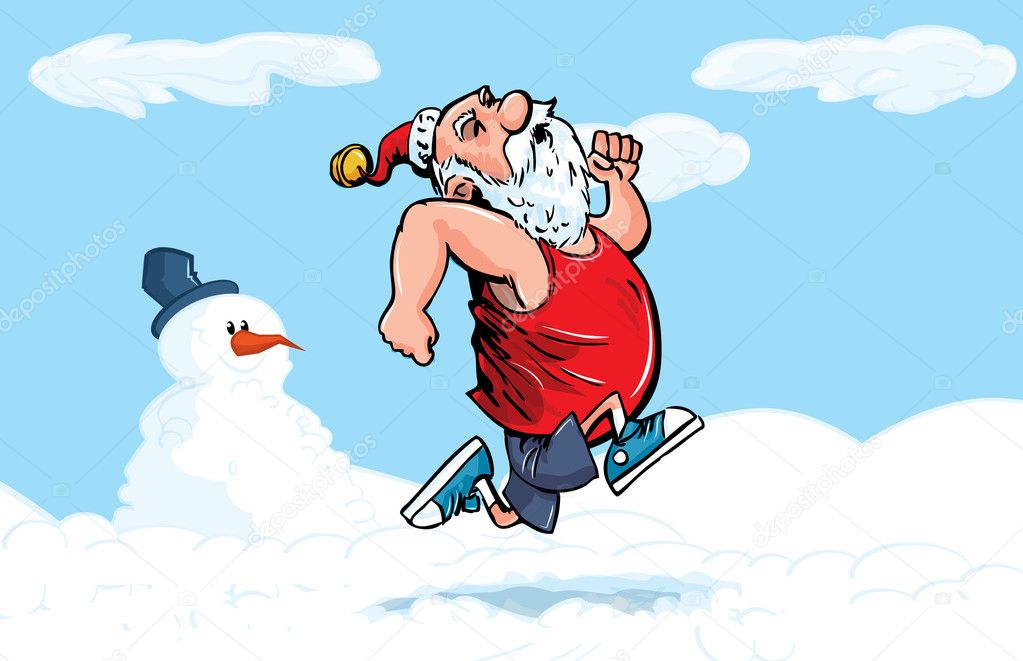 Cartoon Santa running for exercise in the snow