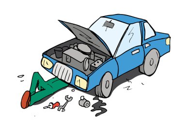 Cartoon of mechanic working on a car clipart