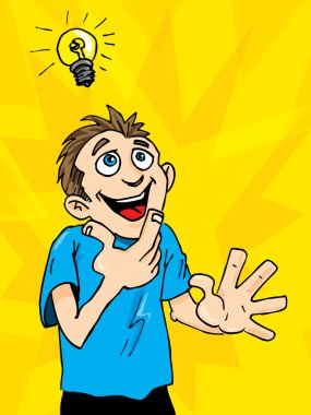 Cartoon man gets a bright idea. A light bulb above his headCartoon man gets clipart