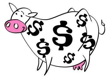 sağmal inek paltosunu üstünde dolar işareti ile karikatür