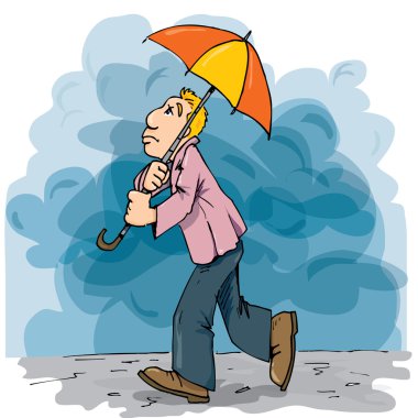 cartoon van een man lopen in de regen met een paraplu