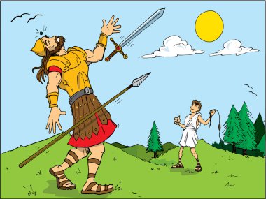 Cartoon of Goliath defeated by David clipart