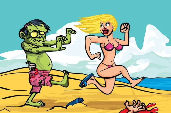 Cartoon zombie chasing a girl on the beach — Stock Vector
