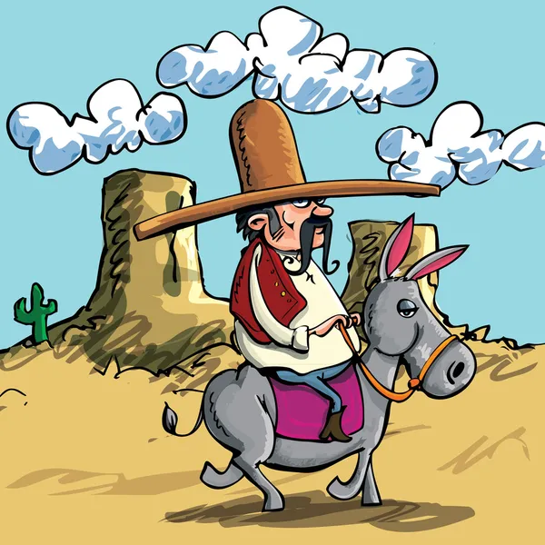 Desenhos animados mexicanos vestindo um sombrero montando um burro — Vetor de Stock