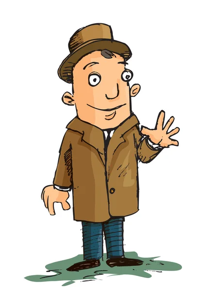 Γελοιογραφία του ανθρώπου σε ένα παλτό και κουνώντας το καπέλο — Διανυσματικό Αρχείο