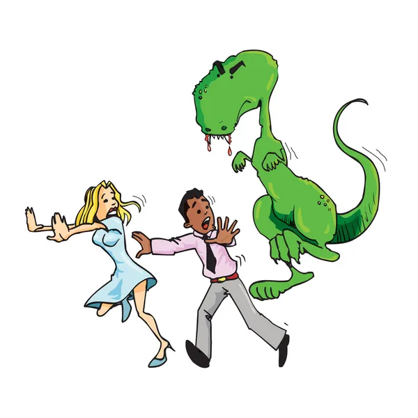 Cartoon van man en vrouw loopt van een t rex — Stockvector