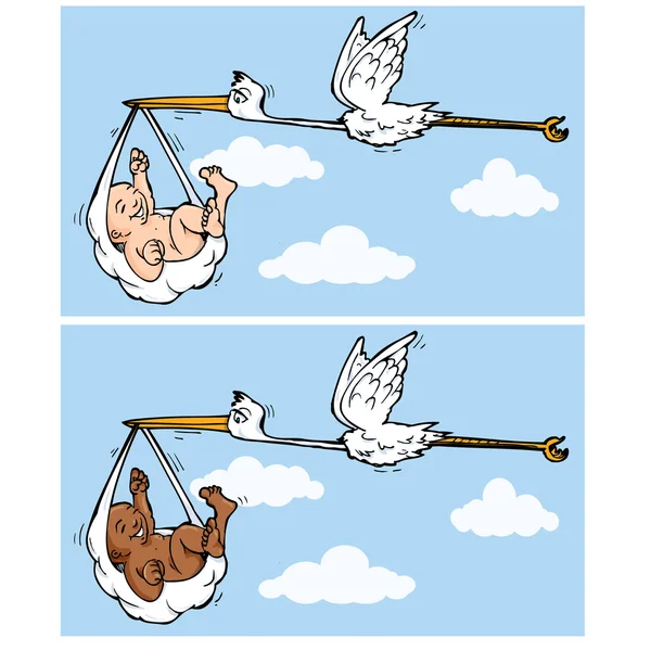Cigüeña de dibujos animados volando con bebé — Vector de stock