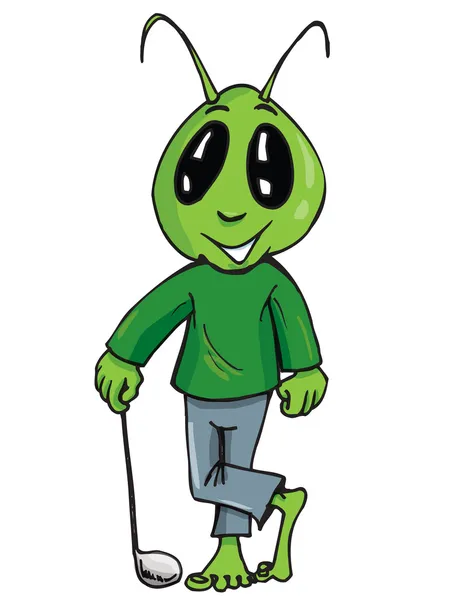 Cartone animato di un alieno con un bastone da golf — Vettoriale Stock
