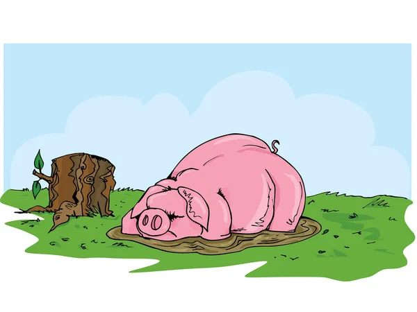 Cartoon pig wallowing in the mud — Stock Vector