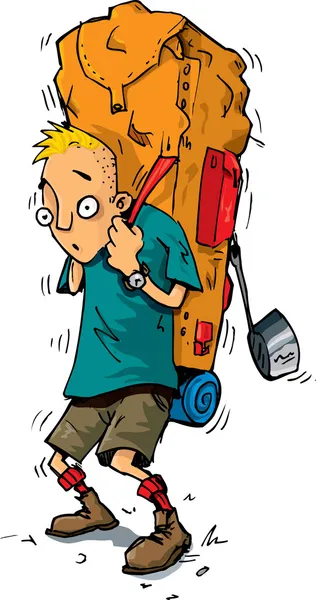 Dibujos animados de un excursionista con una mochila extremadamente pesada — Vector de stock