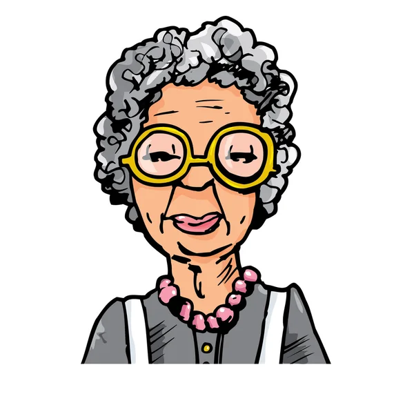 Cartoon of an old lady with glasses. 