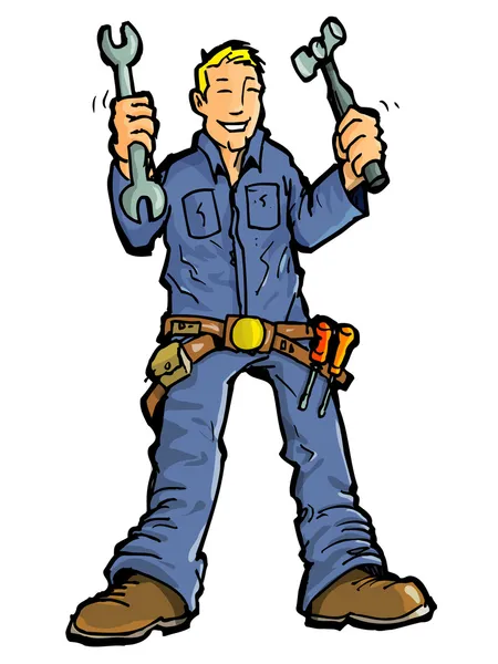 Karikatur eines handlichen Mannes mit all seinen Werkzeugen. — Stockvektor