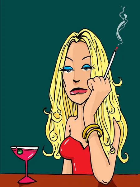 Γελοιογραφία γυναίκα το κάπνισμα στο μπαρ — Διανυσματικό Αρχείο