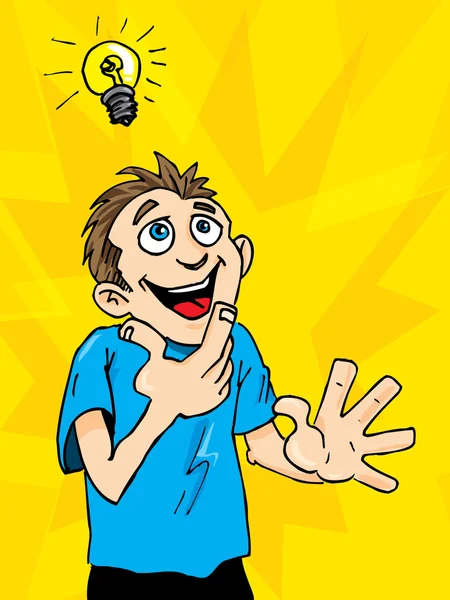 Karikatura člověka dostane nápad. žárovka nad jeho headcartoon muž získá — Stockový vektor
