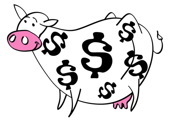 Dibujos animados de vaca en efectivo con signos de dólar en su abrigo — Archivo Imágenes Vectoriales