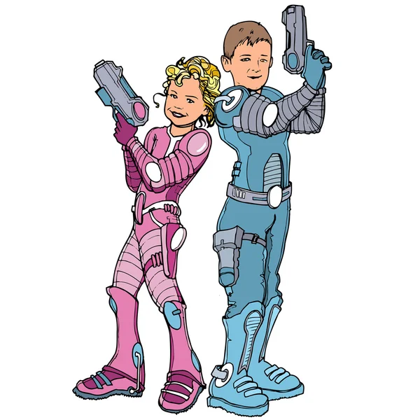 Cartoon of two children dressed in futuristic costumes — Stock Vector