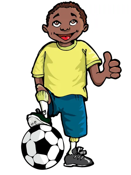 Dibujos animados de un chico negro con una pelota de fútbol — Vector de stock