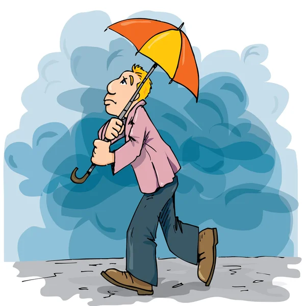 Dibujos animados de un hombre caminando bajo la lluvia con un paraguas — Vector de stock