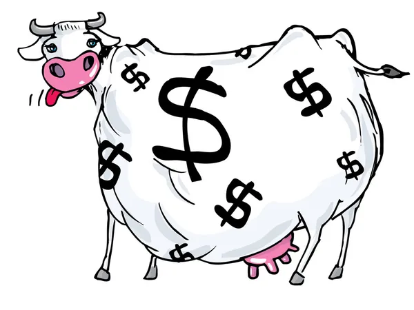 Desenhos animados de uma vaca de dinheiro com sinais de dólar em seu corpo — Vetor de Stock