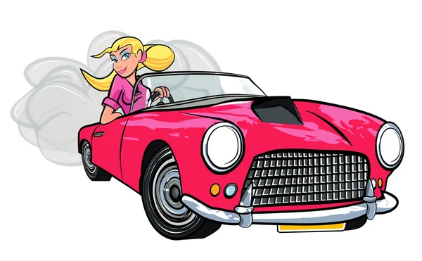 Dibujos animados de chica rubia conduciendo un coche deportivo — Vector de stock