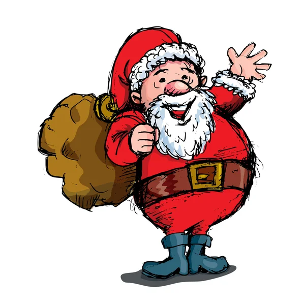 Cartoon waving Santa with bag — Stock Vector