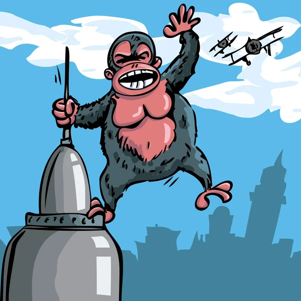 Cartoon King Kong appeso a un grattacielo — Vettoriale Stock