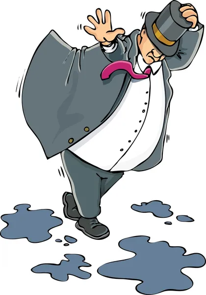 Dibujos animados de un hombre gordo atrapado en el viento — Vector de stock