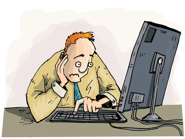 Cartoon man staren met bezorgdheid op zijn monitor — Stockvector
