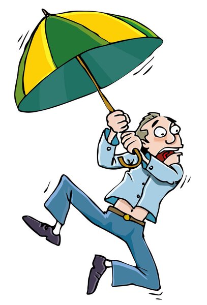 Cartoon man with an umbrella being whisked away
