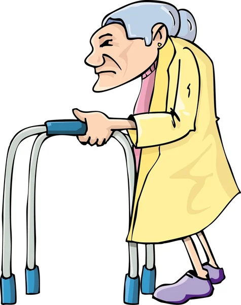 Cartoon old lady using a walking frame — Stock Vector